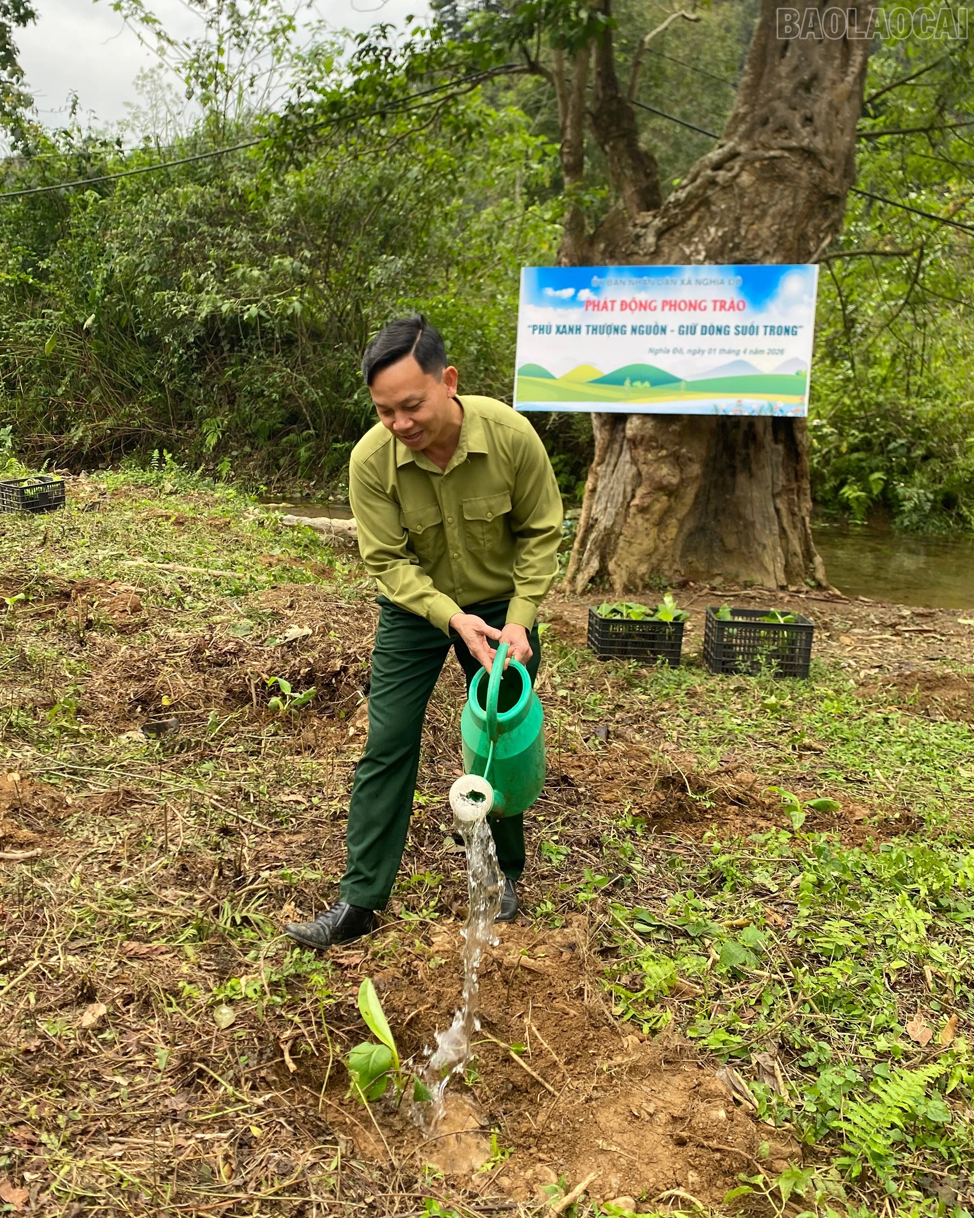 Đại biểu và người đân tham gia trồng chuối tại khu vực rừng thượng nguồn thôn Nậm Mược.