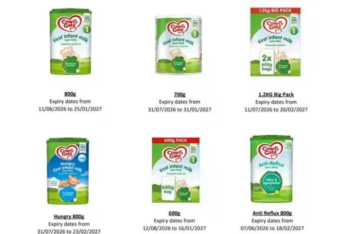 Các lô sản phẩm Cow &amp; Gate bị ảnh hưởng trong thông báo thu hồi của Danone Anh.