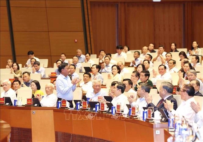 Các đồng chí Lãnh đạo, nguyên Lãnh đạo Đảng, Nhà nước và đại biểu dự hội nghị tại điểm cầu trung tâm - Hội trường Diên Hồng, Nhà Quốc hội (Hà Nội). Ảnh: Phương Hoa/TTXVN
