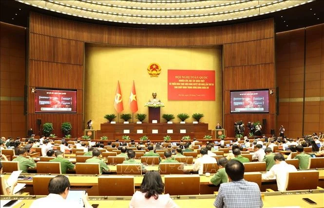 Quang cảnh hội nghị tại điểm cầu trung tâm - Hội trường Diên Hồng, Nhà Quốc hội (Hà Nội). Ảnh: Phương Hoa/TTXVN