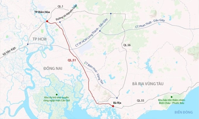 Hướng tuyến quốc lộ 51. Đồ họa: Đăng Hiếu Hướng tuyến quốc lộ 51. Đồ họa: Đăng Hiếu