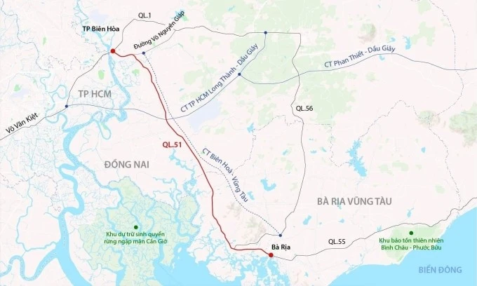 Hướng tuyến quốc lộ 51. Đồ họa: Đăng Hiếu