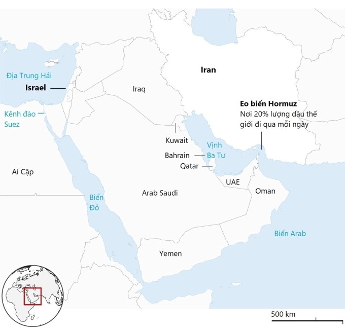 Vị trí Iran và các nước Vùng Vịnh. Đồ họa: Guardian