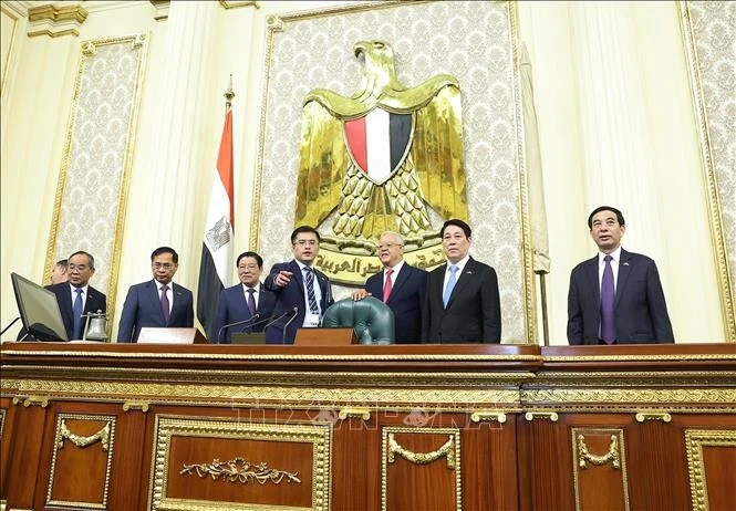 Chủ tịch nước Lương Cường và Chủ tịch Hạ viện Ai Cập Hanafy El-Gebaly tham quan trụ sở Hạ viện Ai Cập.