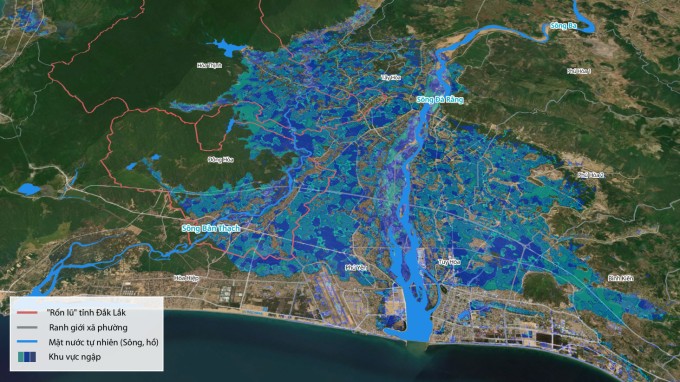 Bản đồ ngập khu vực hạ du Sông Ba - &quot;rốn lũ&quot; Hòa Thịnh và Đông Hòa. Dữ liệu độ sâu ngập cung cấp bởi VegaCosmos &amp; VSGA xử lý từ ảnh vệ tinh STRIX (Synspective) độ phân giải 3 m chiết tách vùng ngập. Đồ họa: Quang Tuệ