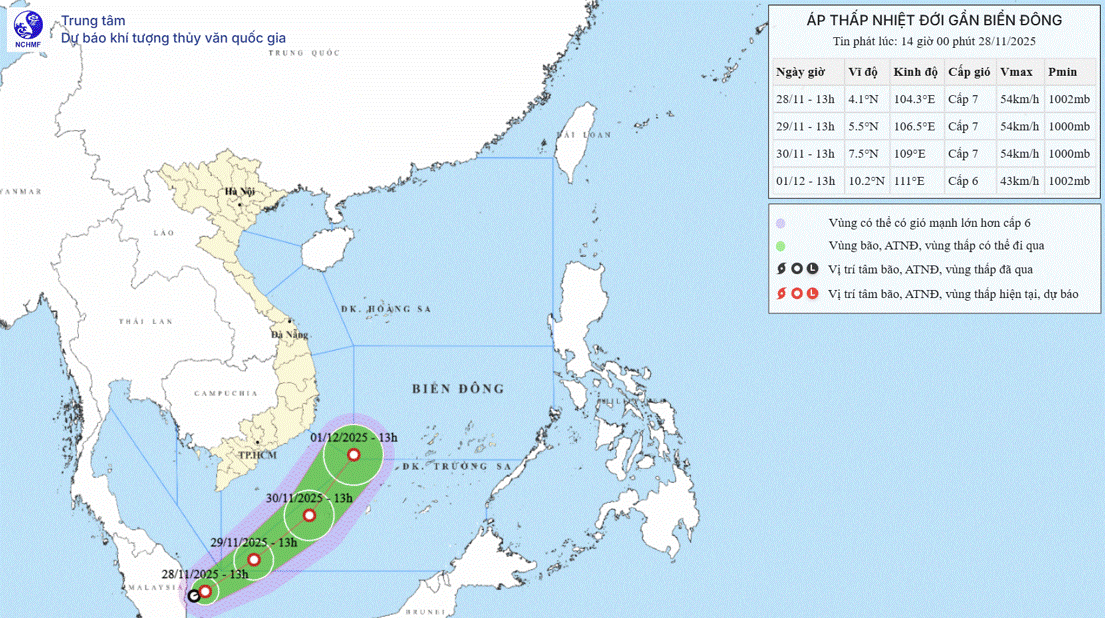 Bản đồ dự báo quỹ đạo và cường độ áp thấp nhiệt đới lúc 14h ngày 28-11. Ảnh: Nchmf