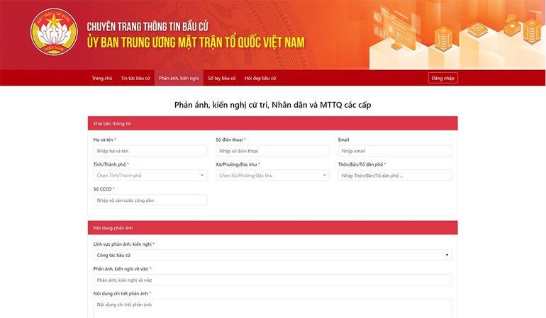 Cử tri, nhân dân và cán bộ Mặt trận có thể phản ánh, kiến nghị, góp ý trực tiếp qua Chuyên trang.