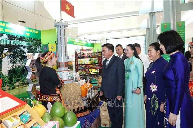 Thường trực Ban Bí thư Trần Cẩm Tú cùng các đại biểu tham quan gian trưng bày nông sản tại