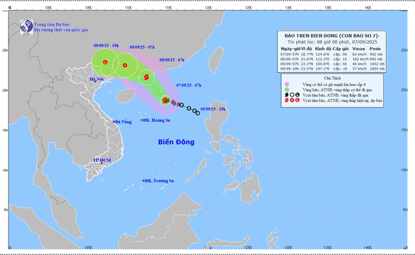 Dự báo hướng di chuyển và cường độ bão lúc 8 giờ ngày 07/9/2025. Ảnh: Trung tâm Dự báo KTTV quốc gia