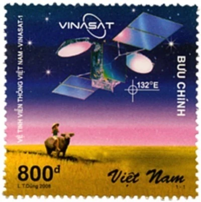 Mẫu tem vẽ hình ảnh Vinasat-1, phát hành cùng năm vệ tinh được đưa lên vũ trụ.