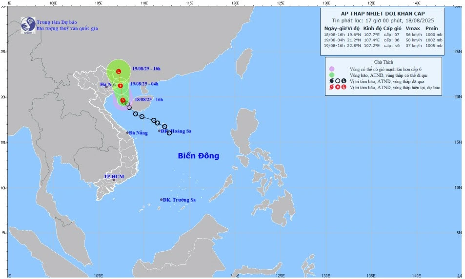 Bản đồ dự báo quỹ đạo và cường độ áp thấp nhiệt đới lúc 17 giờ ngày 18/8/2025.