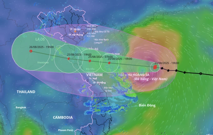 Dự báo hướng đi vùng ảnh hưởng bão Kajiki, tối 24/8. Ảnh: Hệ thống giám sát thiên tai