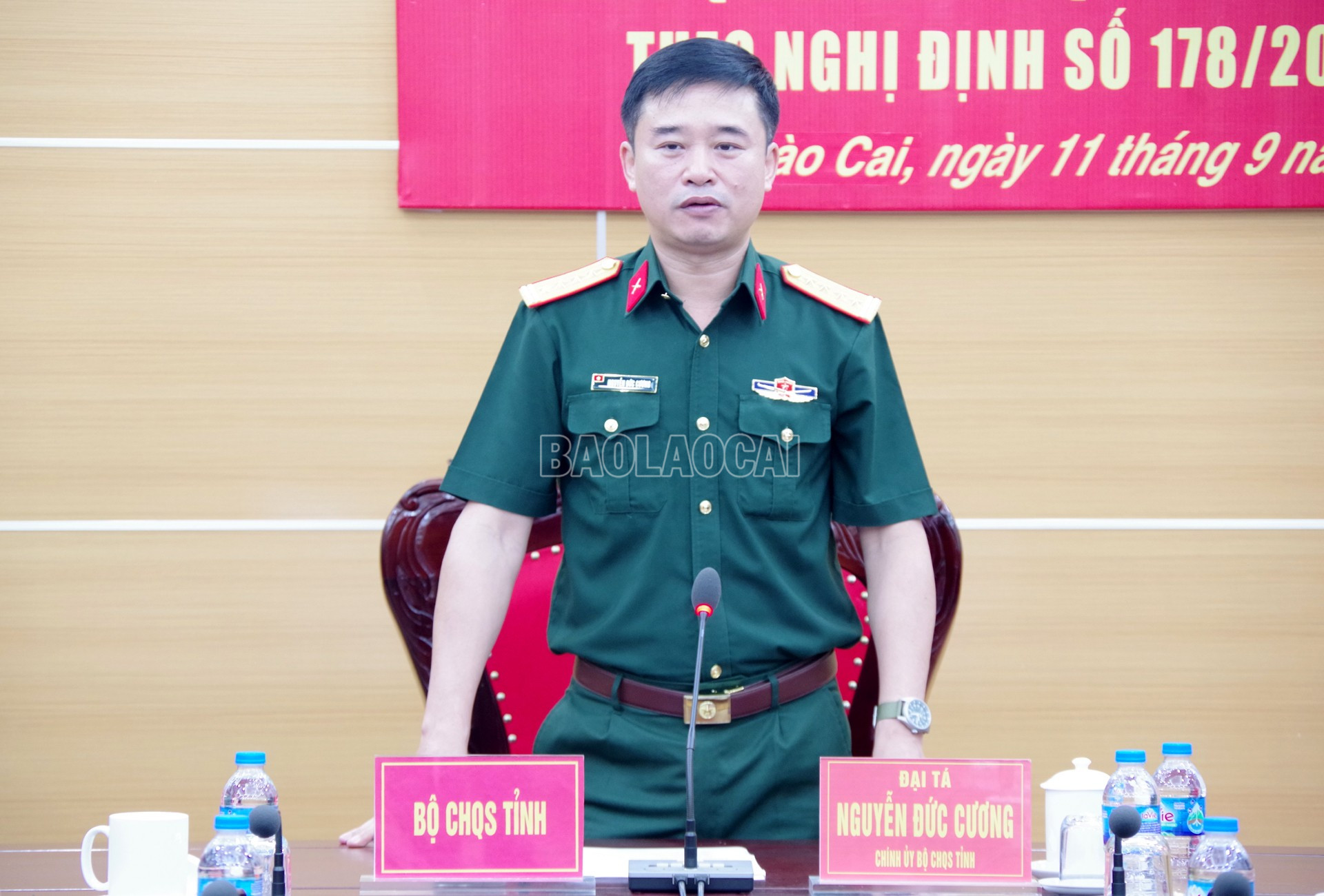 Đại tá Nguyễn Đức Cương phát biểu tại hội nghị. baolaocai-c_a5.jpg