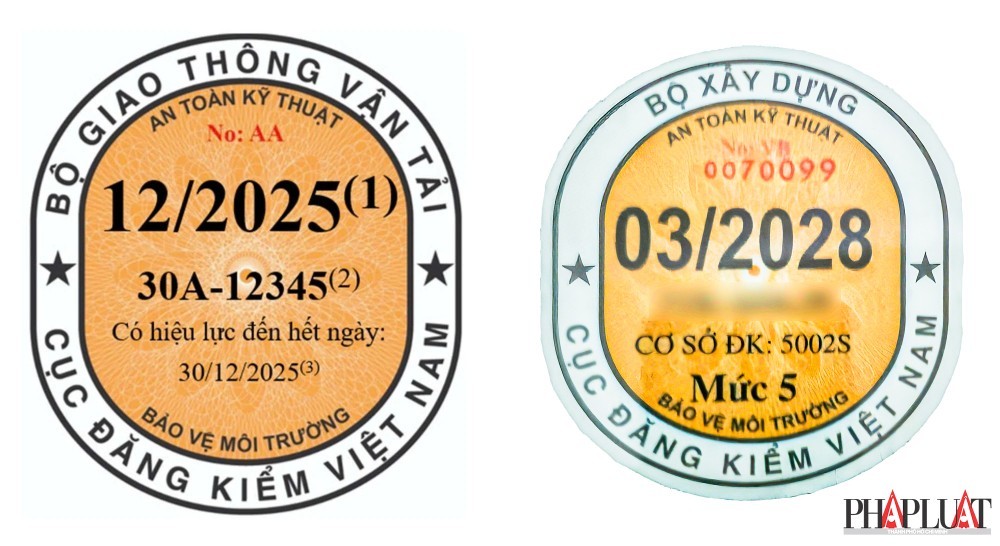 Tem đăng kiểm cũ (trái) và mới (phải).