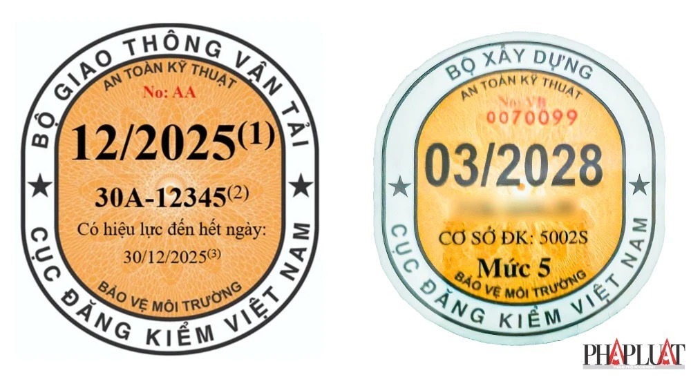 Tem đăng kiểm cũ (trái) và mới (phải).