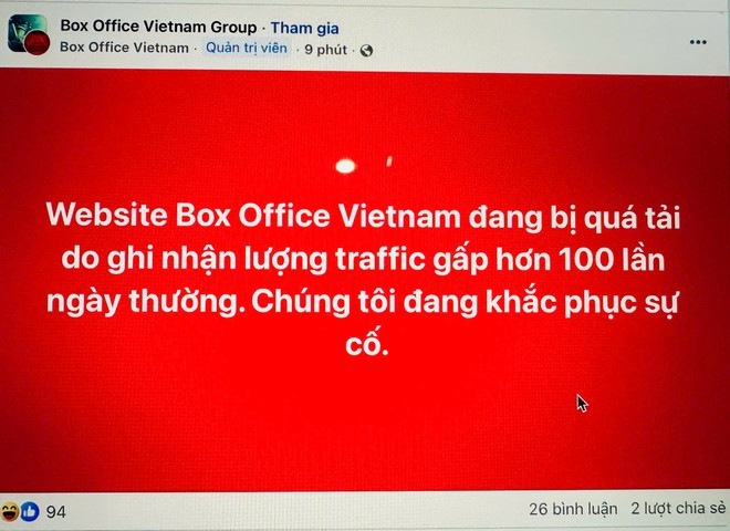 Có quá nhiều người truy cập vào trang web Box Office Vietnam (đơn vị quan sát phòng vé độc lập), chính vì thế, ngay cả Box Office Vietnam cũng phải "tuyên bố" nghẽn mạng. Có quá nhiều người truy cập vào trang web Box Office Vietnam (đơn vị quan sát phòng vé độc lập), chính vì thế, ngay cả Box Office Vietnam cũng phải "tuyên bố" nghẽn mạng.