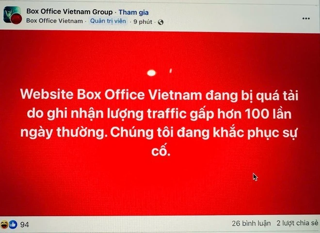 Có quá nhiều người truy cập vào trang web Box Office Vietnam (đơn vị quan sát phòng vé độc lập), chính vì thế, ngay cả Box Office Vietnam cũng phải "tuyên bố" nghẽn mạng.