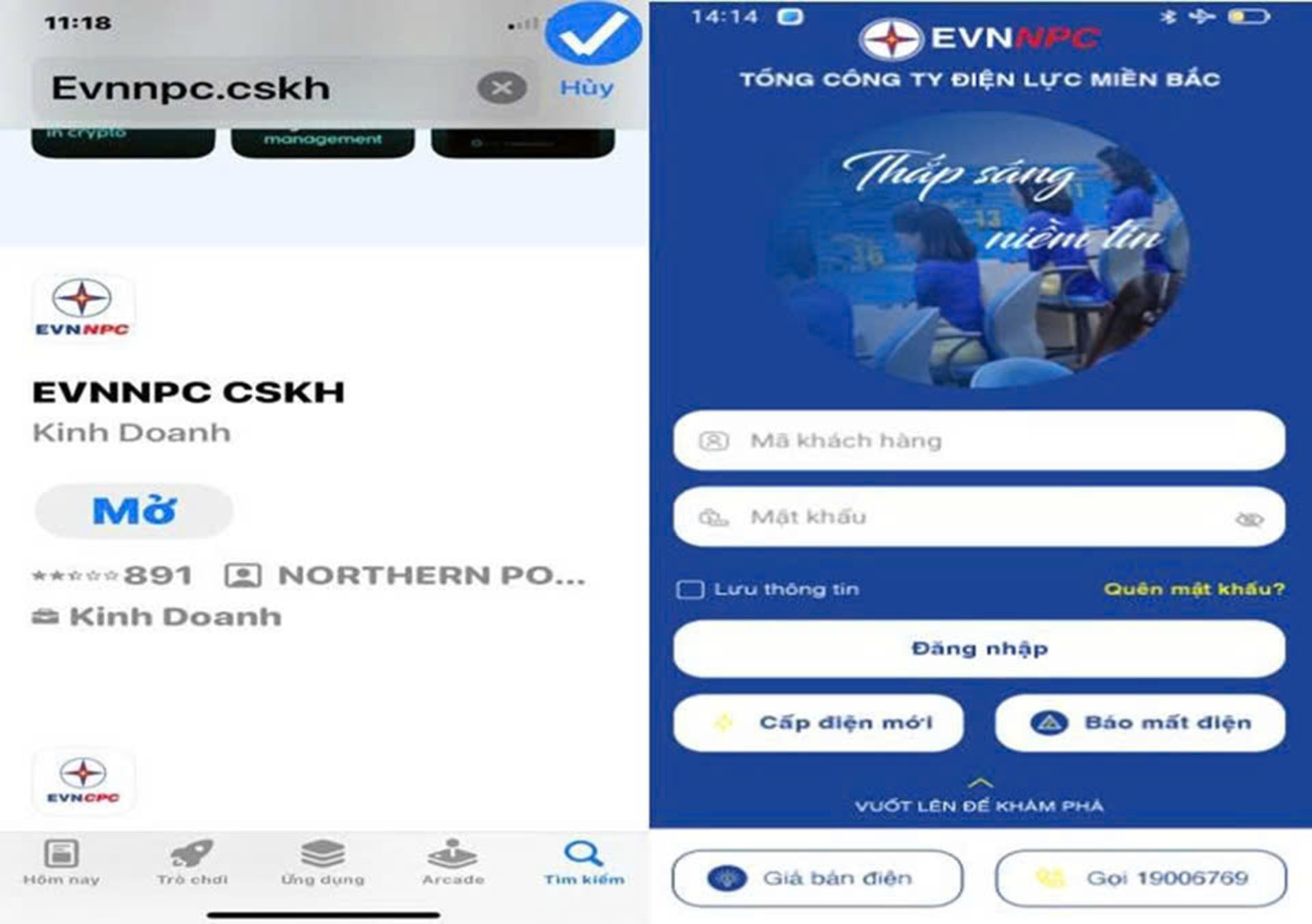App chăm sóc khách hàng của Tổng Công ty Điện lực Miền Bắc và giao diện của app. 14-5-dienluc1.jpg