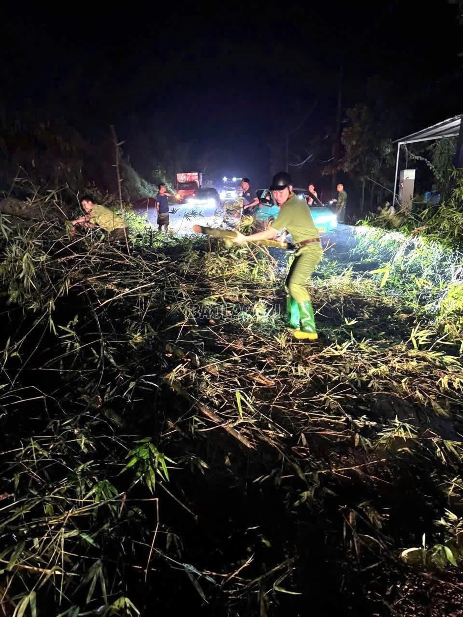 Lực lượng Công an xã cùng quần chúng Nhân dân nhanh chóng xử lý các cây lớn và bui tre bị đổ.