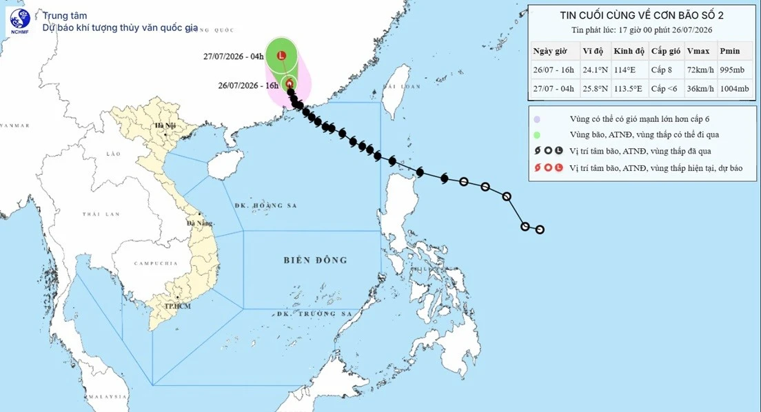Bão tiếp tục di chuyển chủ yếu theo hướng Bắc Tây Bắc suy yếu dần thành áp thấp nhiệt đới sau là một vùng áp thấp trên đất liền tỉnh Quảng Đông (Trung Quốc). Ảnh: KTTV