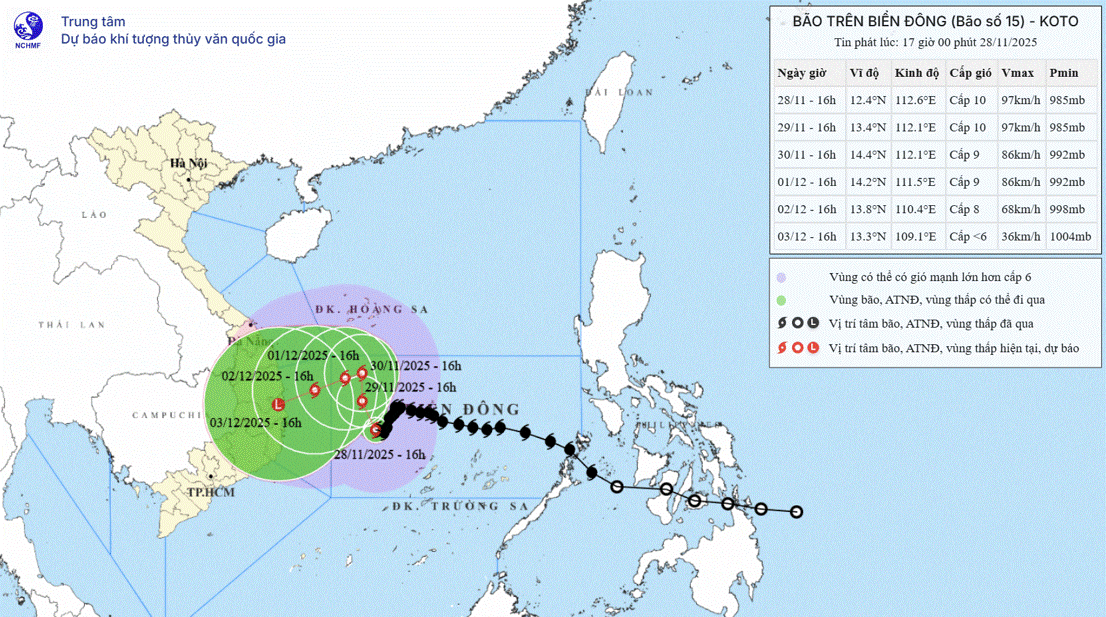 Bản đồ dự báo quỹ đạo và cường độ bão số 15 lúc 17h ngày 28-11.