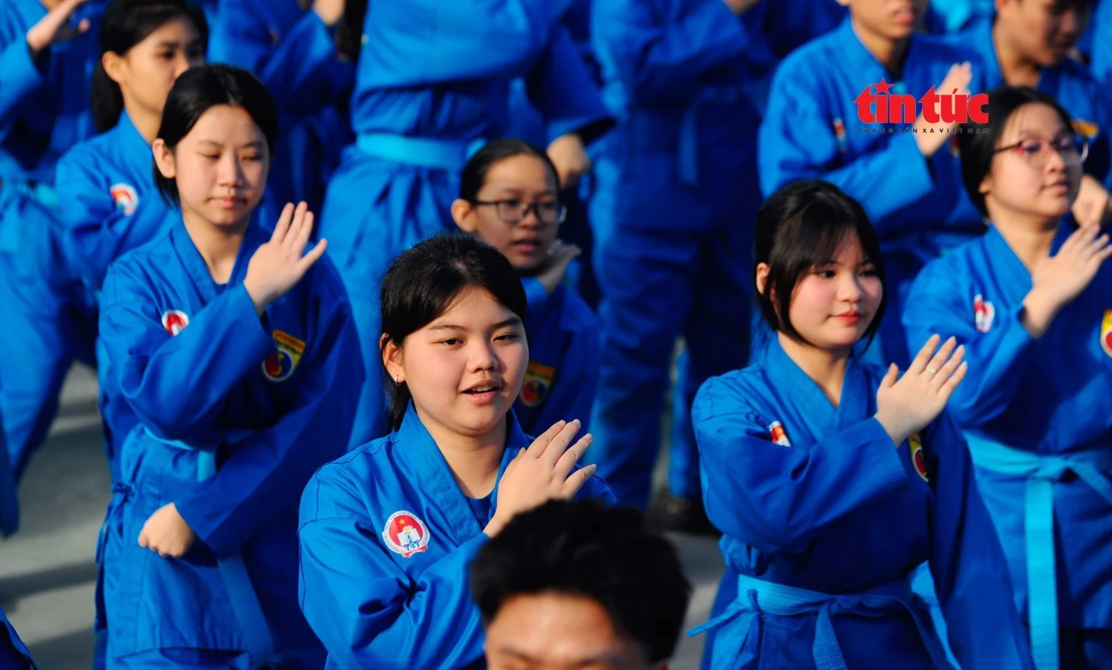 Các võ sinh trình diễn các động tác trong võ thuật Vovinam tại buổi đồng diễn.