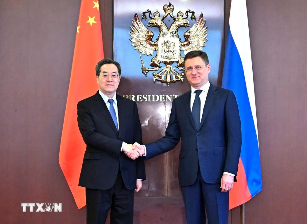 Phó Thủ tướng Trung Quốc Đinh Tiết Tường (trái) và Phó Thủ tướng Nga Alexander Novak đồng chủ trì cuộc họp lần thứ 21 của Ủy ban hợp tác năng lượng Nga-Trung Quốc ở Moskva.