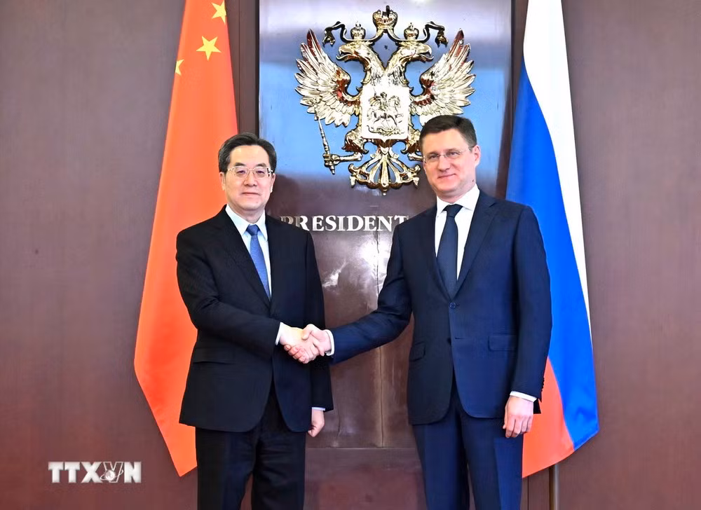 Phó Thủ tướng Trung Quốc Đinh Tiết Tường (trái) và Phó Thủ tướng Nga Alexander Novak đồng chủ trì cuộc họp lần thứ 21 của Ủy ban hợp tác năng lượng Nga-Trung Quốc ở Moskva.