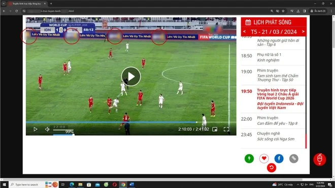 Hình ảnh quảng cáo cá độ, đánh bạc trực tuyến xuất hiện trên truyền hình trực tiếp trận đấu giữa đội tuyển Việt Nam - Indonesia.