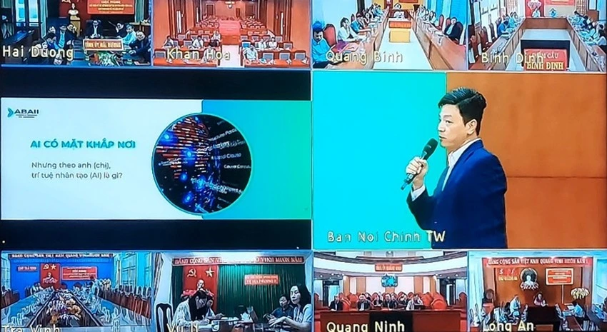 Một đại biểu chia sẻ với các điểm cầu về trí tuệ nhân tạo (AI).
