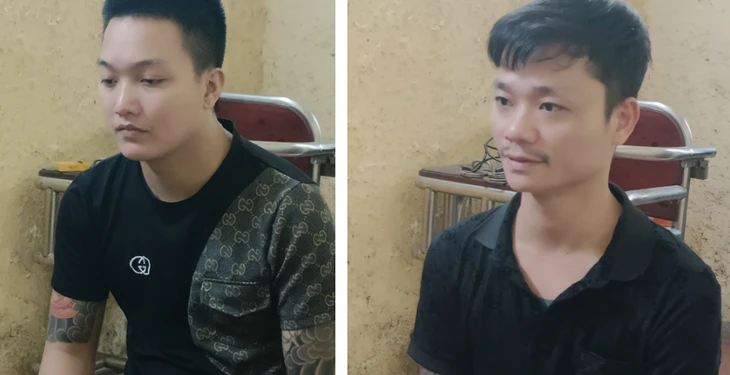 Đối tượng Đỗ Thành Tôn (trái) và Nguyễn Ngọc Linh tại cơ quan công an.