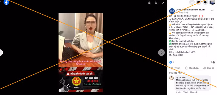 Fanpage mạo danh công ty luật để lừa đảo.