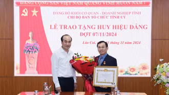 Phó Bí thư Thường trực Tỉnh ủy Vũ Xuân Cường trao Huy hiệu Đảng cho đảng viên Phạm Toàn Thắng