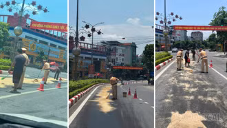 Cảnh sát giao thông Lào Cai kịp thời xử lý dầu loang trên đường Nguyễn Thái Học