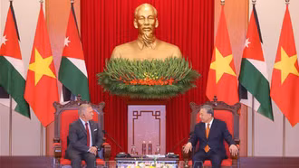 Tổng Bí thư Tô Lâm, Chủ tịch nước Lương Cường, Chủ tịch Quốc hội Trần Thanh Mẫn, Thủ tướng Phạm Minh Chính hội kiến Quốc vương Jordan Abdullah II Ibn Al-Hussein