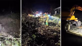 Công an xã Văn Bàn xuyên đêm khắc phục tuyến giao thông bị sạt lở, bảo đảm an toàn cho người dân