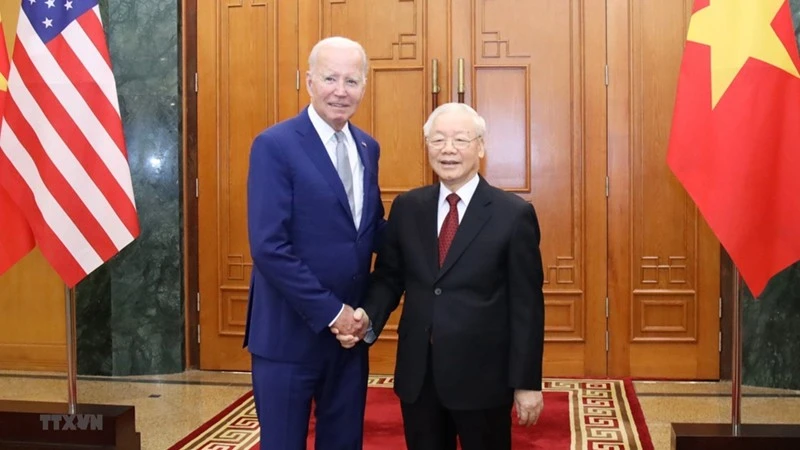 Tổng Bí thư Nguyễn Phú Trọng và Tổng thống Hoa Kỳ Joe Biden trước khi tiến hành hội đàm, chiều 10/9/2023.