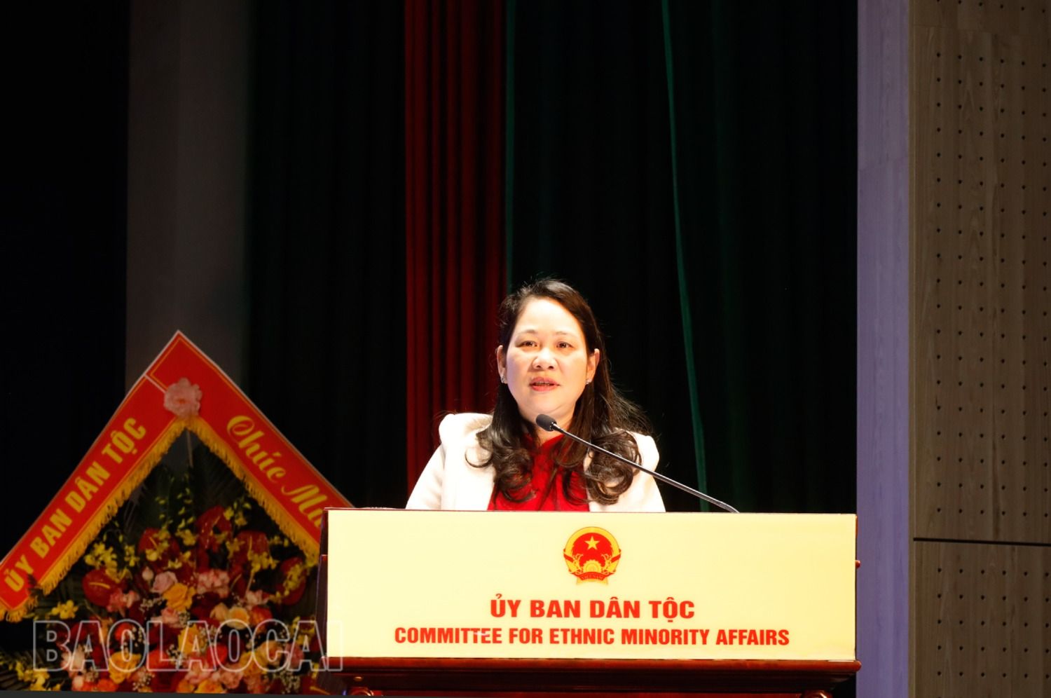 Đồng chí Nông Thị Hà, Ủy viên Ban Cán sự Đảng, Thứ trưởng, Phó Chủ nhiệm Ủy ban Dân tộc phát biểu tại buổi gặp mặt. 7.jpg