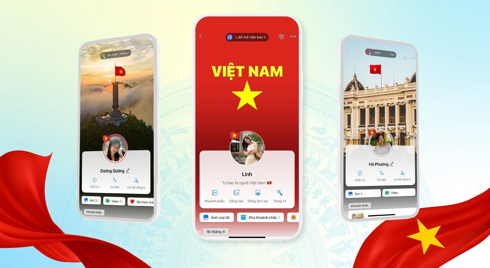 Zalo biến thành "quảng trường online" khi các cờ đỏ sao vàng tràn ngập trên trang cá nhân người dùng.