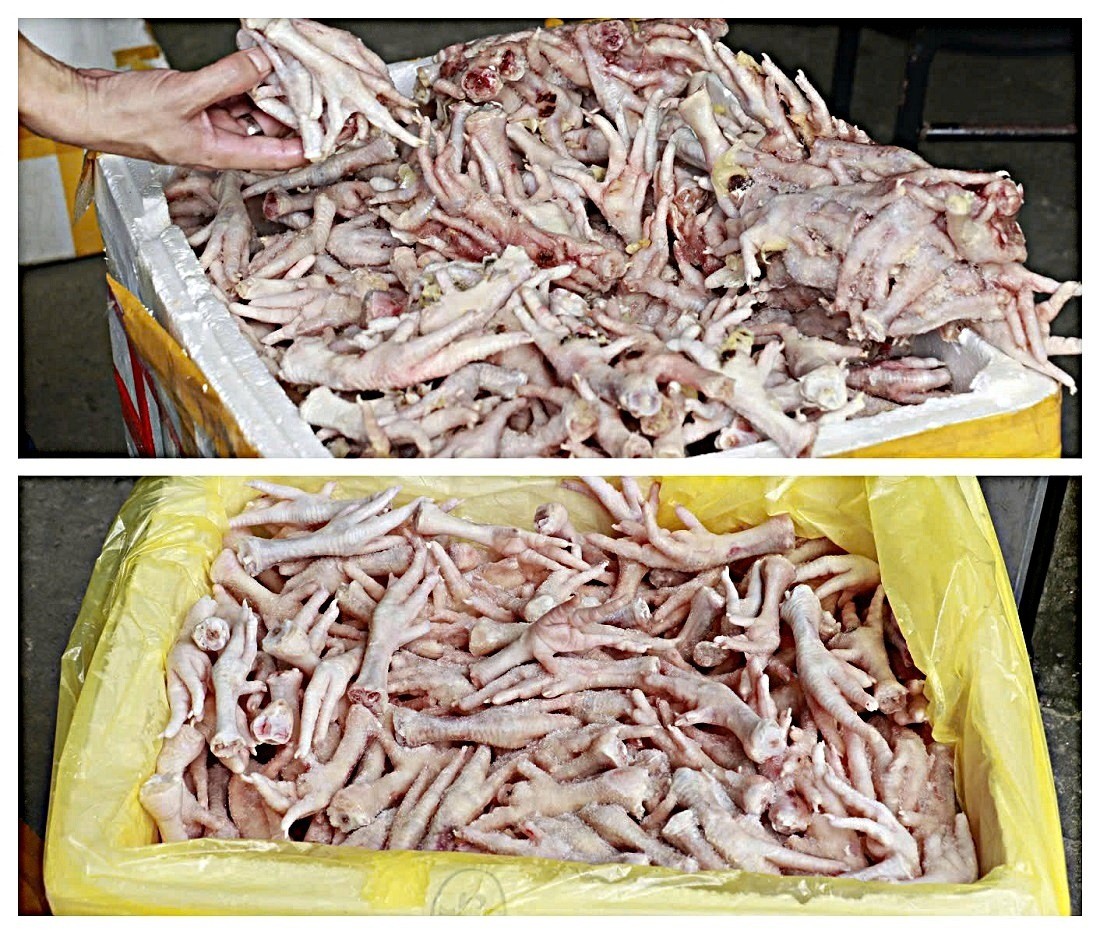 Chân gà đông lạnh không rõ nguồn gốc bị lực lượng chức năng phát hiện. chan-ga.jpg