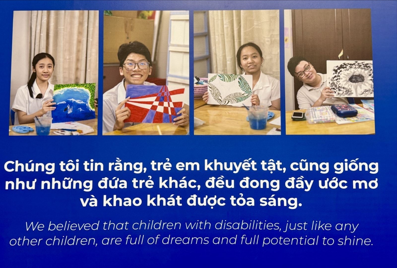 Mỗi tác phẩm là cả một thế giới ước mơ hoài bão và sự chia sẻ cùng các em nhỏ kém may mắn. 11-7-tre-em-khuyet-tat-7-8432.jpg