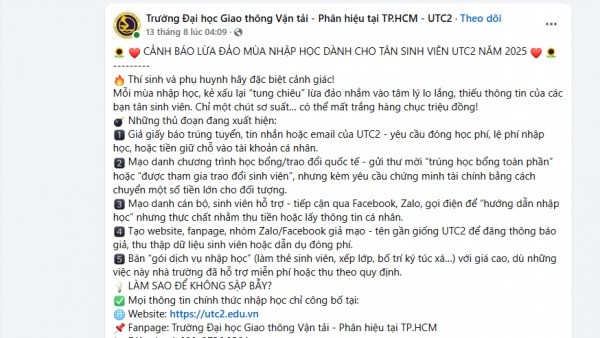 Trường Đại học Giao thông Vận tải TP Hồ Chí Minh cũng cảnh báo lừa đảo mùa nhập học cho tân sinh viên trên trang Fanpage chính thức của trường. hs-3.jpg