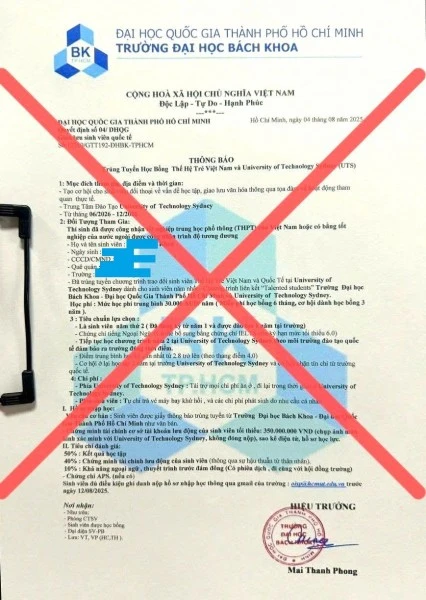 Trường Đại học Bách Khoa TP Hồ Chí Minh phát thông báo cảnh báo về văn bản giả mạo nhà trường nhằm mục đích lừa đảo.