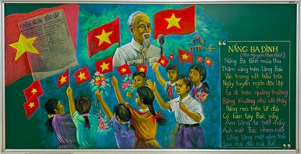 Bức tranh "Bác Hồ với thiếu nhi" lấy cảm hứng từ bài thơ "Nắng Ba Đình"