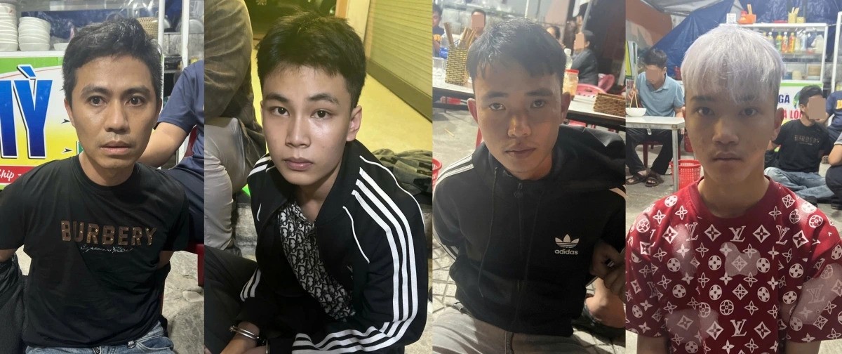 Các đối tượng Nguyễn Tấn Dũng, Phan Văn Hoàng Duy, Thái Văn Hòa và Lê Văn Minh Hoàng (từ trái qua) bị bắt giữ. pham-toi.jpg