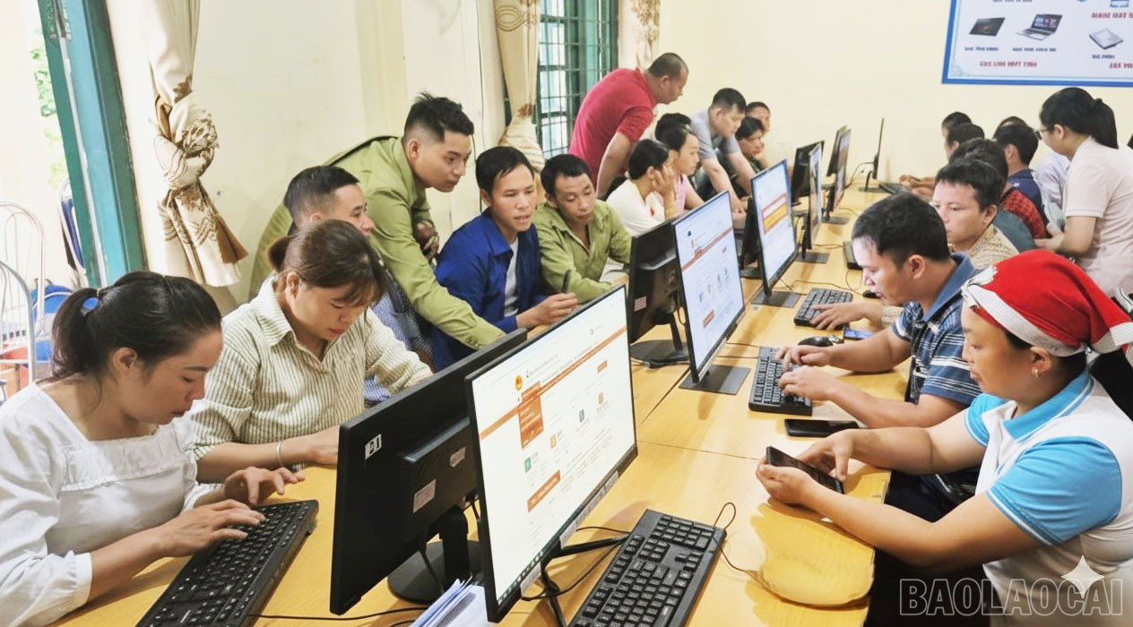 Các học viên thực hành các bước thao tác trên Cổng Dịch vụ công quốc gia. baolaocai-br_thao-tac-cac-buoc-tren-cong-dich-vu-cong-quoc-gia.jpg