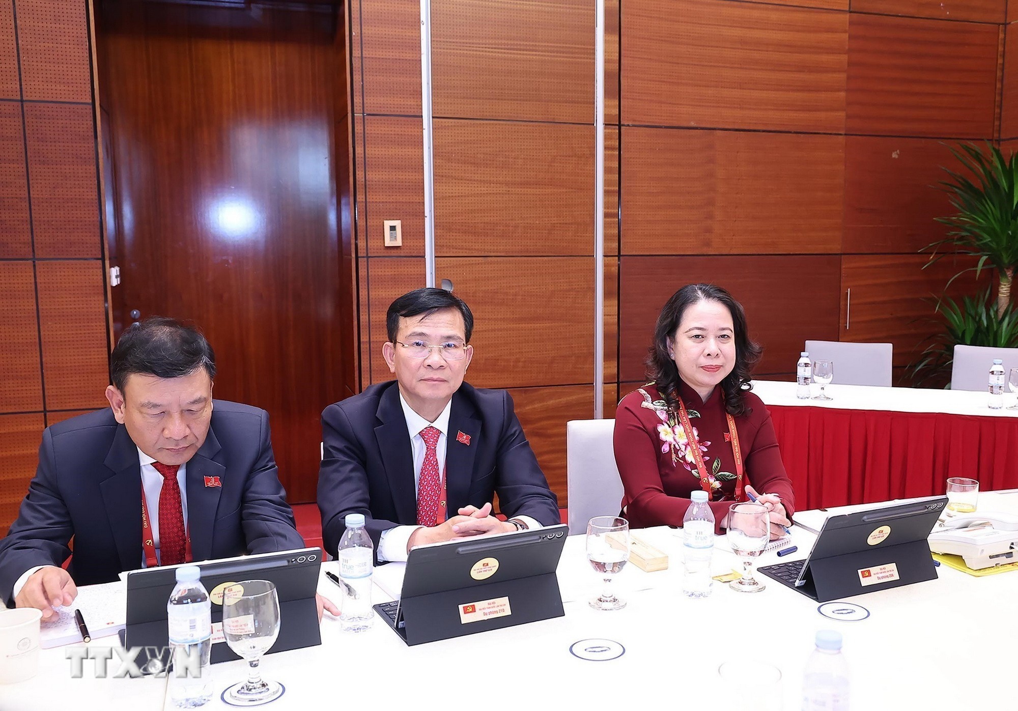 Ủy viên Trung ương Đảng, Phó Chủ tịch nước Võ Thị Ánh Xuân và đoàn Đảng bộ tỉnh Lâm Đồng thảo luận tại Đoàn. (Ảnh: TTXVN)