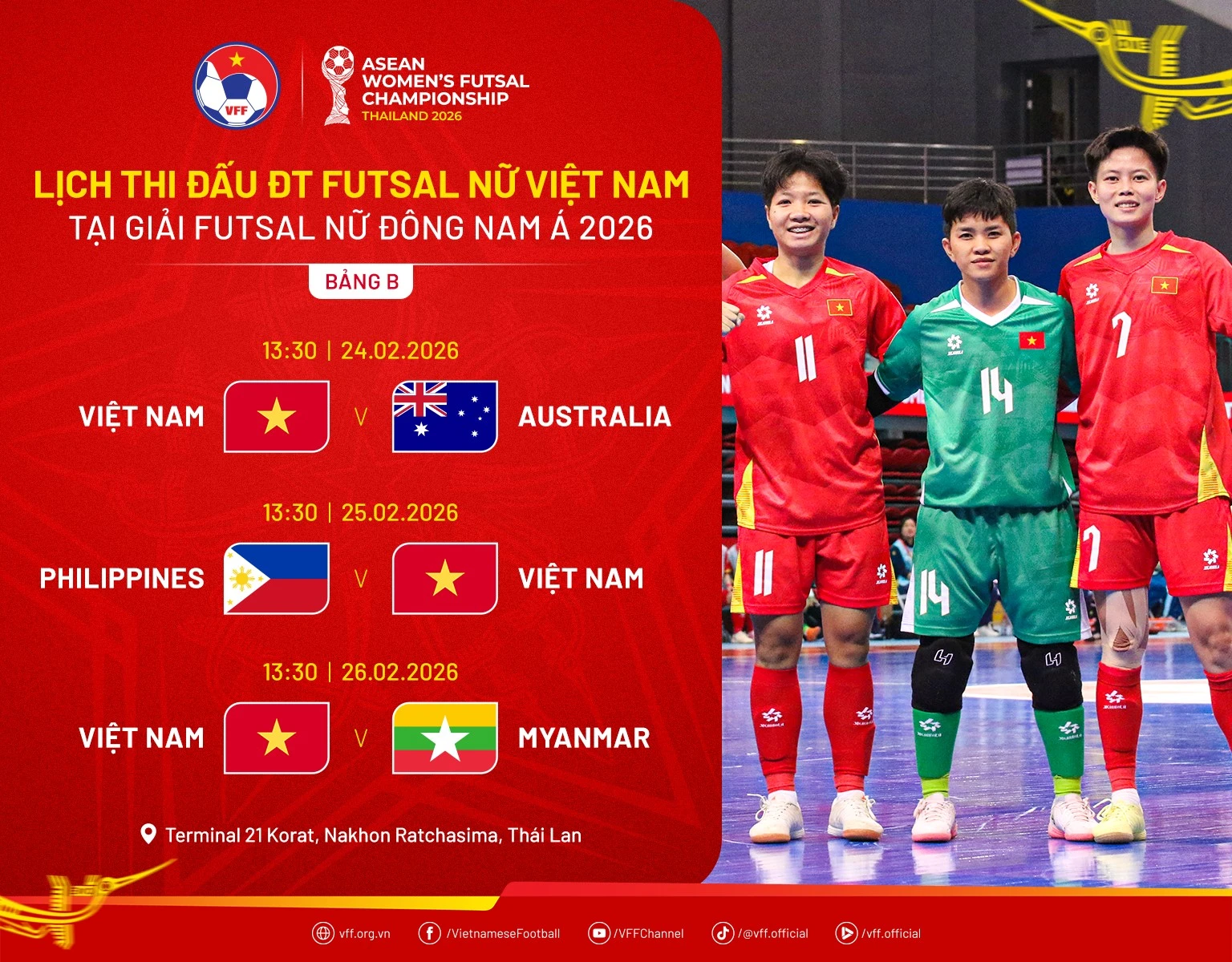 Lịch thi đấu của đội tuyển futsal nữ Việt Nam tại Giải futsal nữ Đông Nam Á 2026. Ảnh: VFF