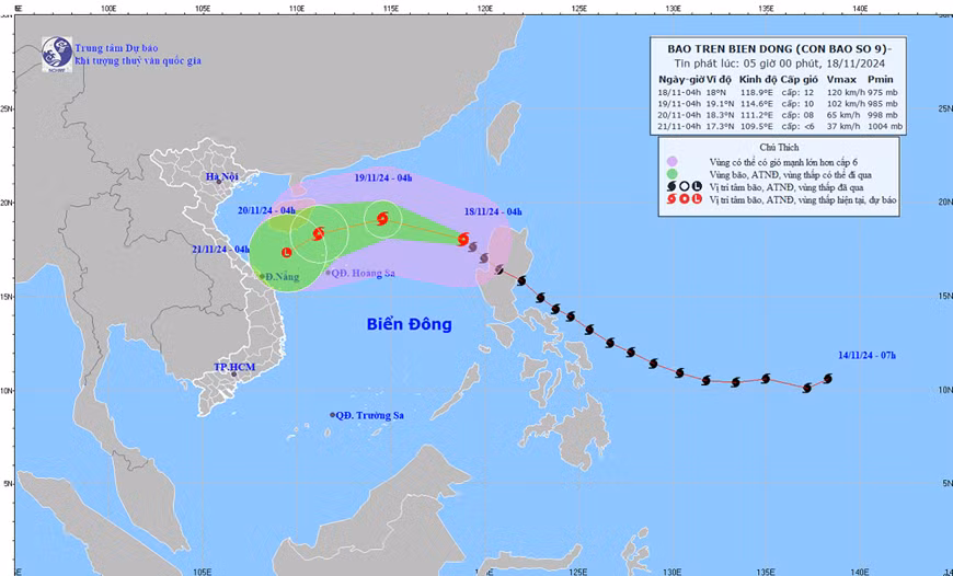 Đường đi của bão số 9. Ảnh: Trung tâm Dự báo Khí tượng Thủy văn Quốc gia