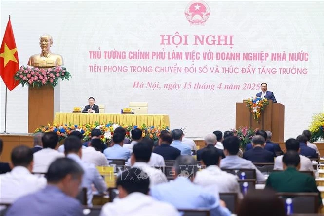 Hội nghị Thủ tướng Chính phủ làm việc với doanh nghiệp nhà nước với chủ đề “Tiên phong trong chuyển đổi số và thúc đẩy tăng trưởng”. Ảnh: Dương Giang/TTXVN